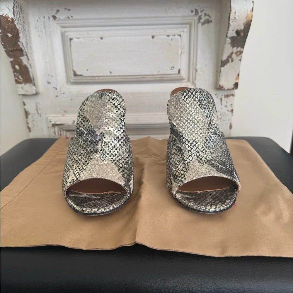 Excellent Condition Paris Texas Metallic Python Heeled Mules Size 7